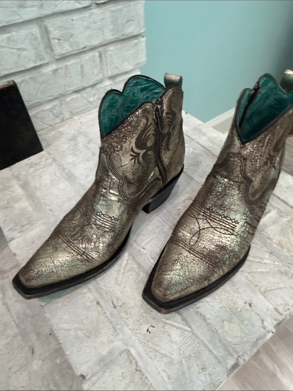 Corral Metallic Gold Ankle Western Booties with Turquoise Lining - Picture 7 of 8